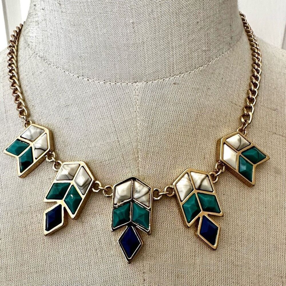 Blue green and white Chevron statement necklace